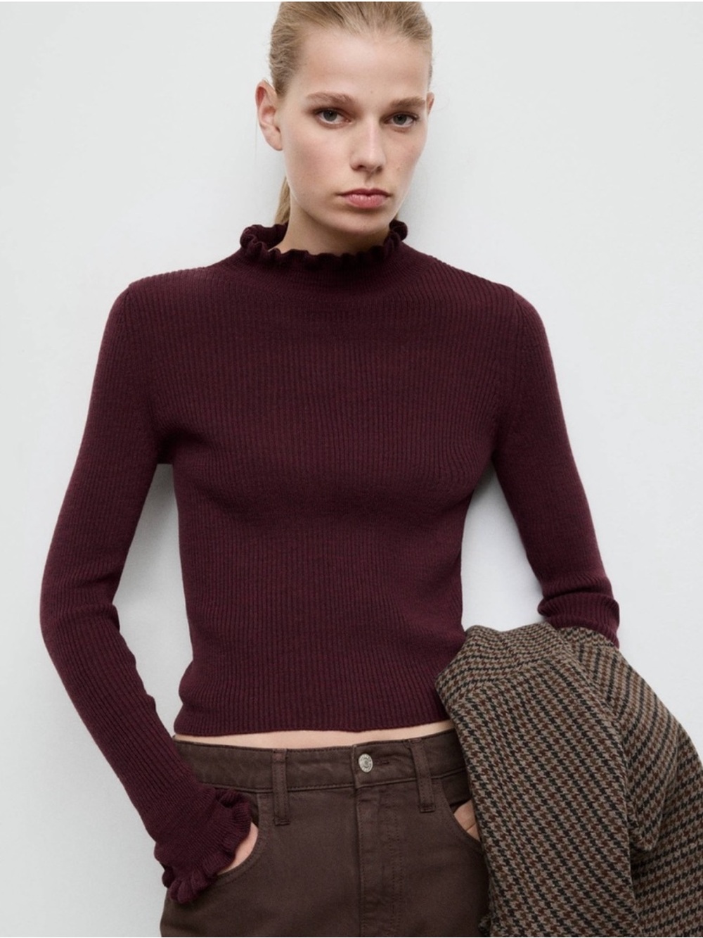 Who What Wear Ruffled & Ribbed Mock Neck Sweater Burgundy | Size XXL